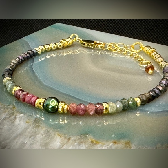 Tourmaline, Peacock Freshwater Pearl, Spinel  Gold Vermeil Bracelet - Picture 3 of 6